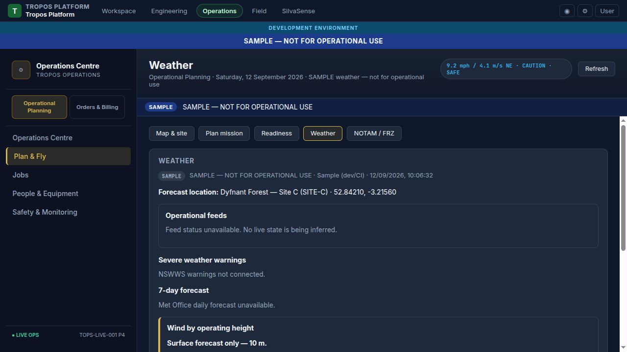 Tropos Operations Weather screen showing forecast location, weather warnings, seven-day forecast and wind by operating height